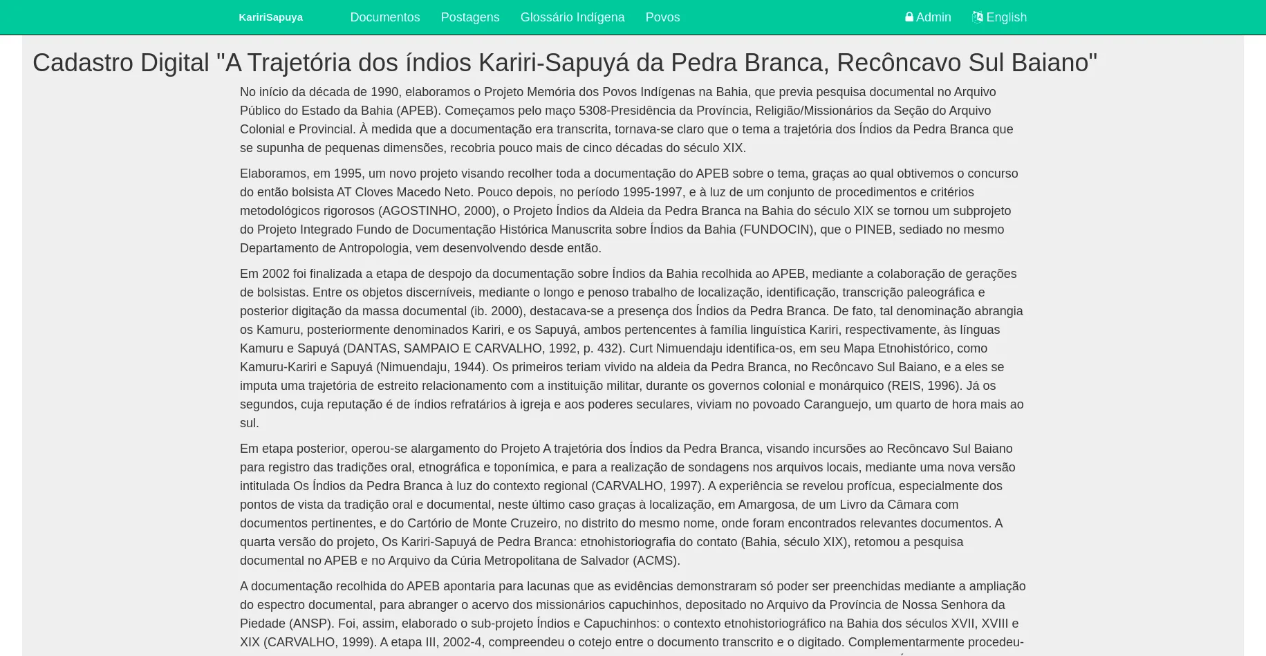 Kariri Sapuyá digital archive screenshot