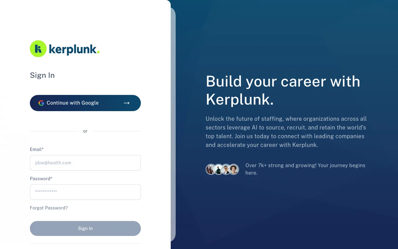 Kerplunk AI-powered staffing platform login screenshot